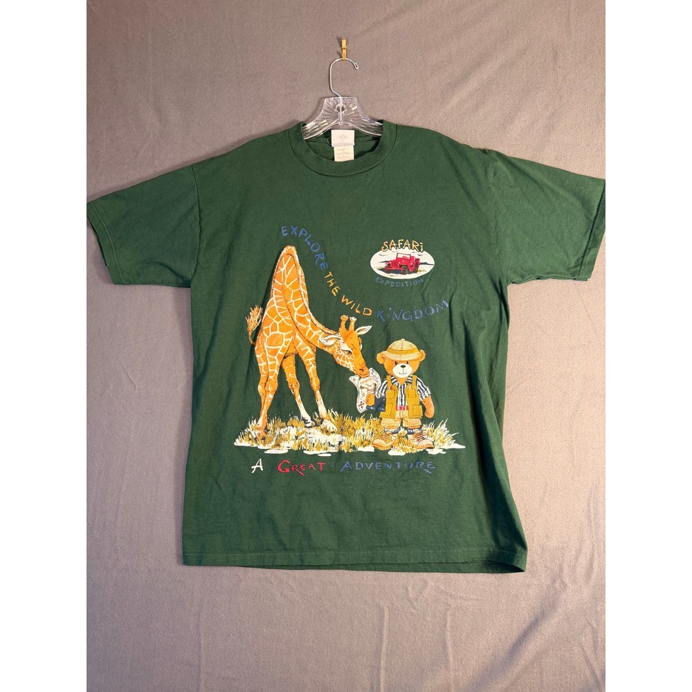 Women's Safari Graphic T-Shirt Size Large Green Giraffe Expedition Vintage Style